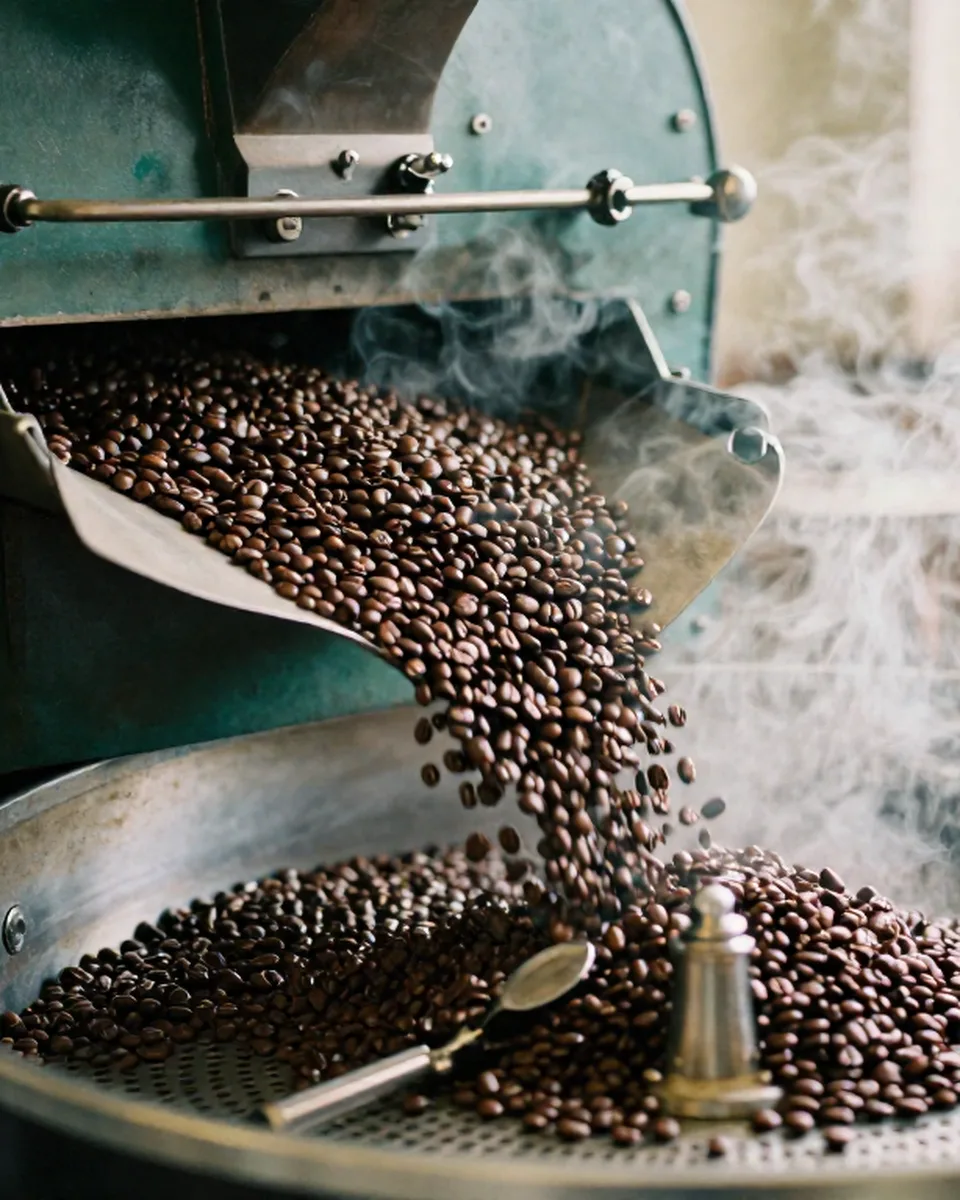 Freshly roasted coffee beans pouring from a green drum roaster into the cooling tray